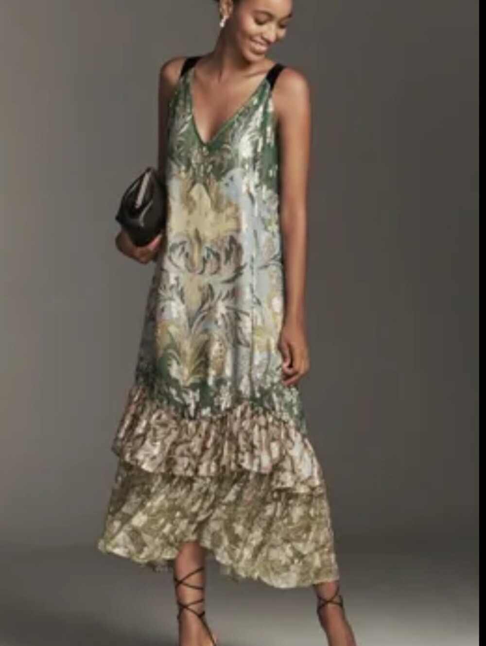 Anthropologie Tie-Back Ruffle Hem Midi Dress Metallic Large